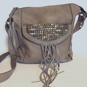 Lucky Brand Taupe Leather Crossbody with Stud Detail & Fringe